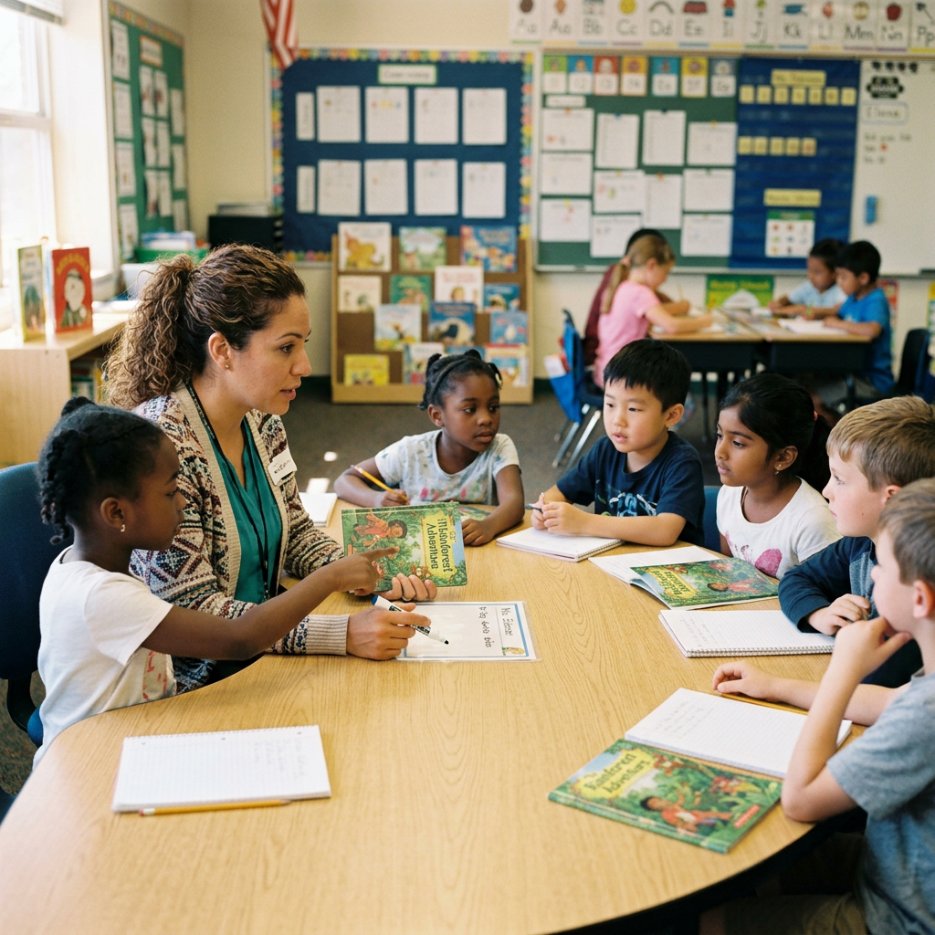Teacher guiding elementary students during a small-group reading activity