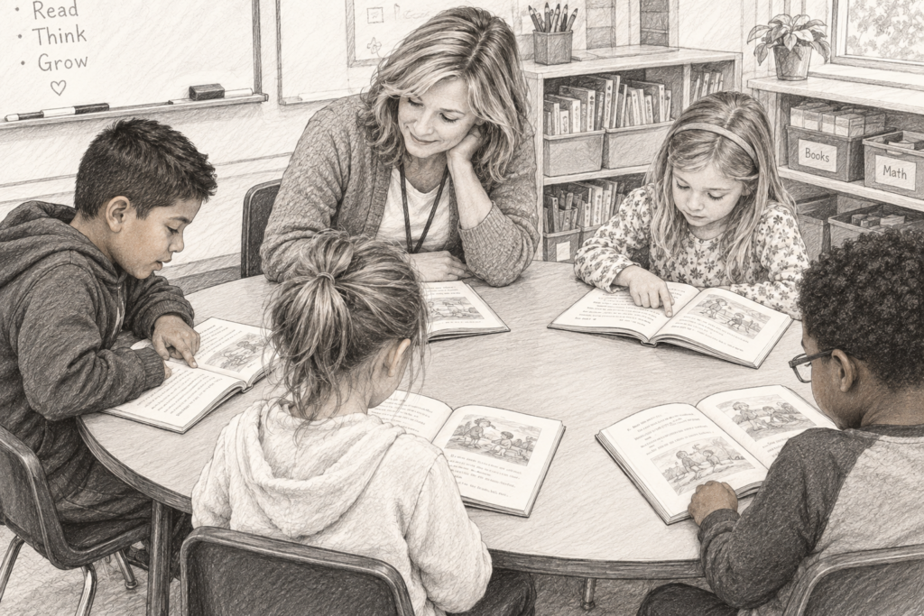 Teacher working with a diverse group of students during guided reading
